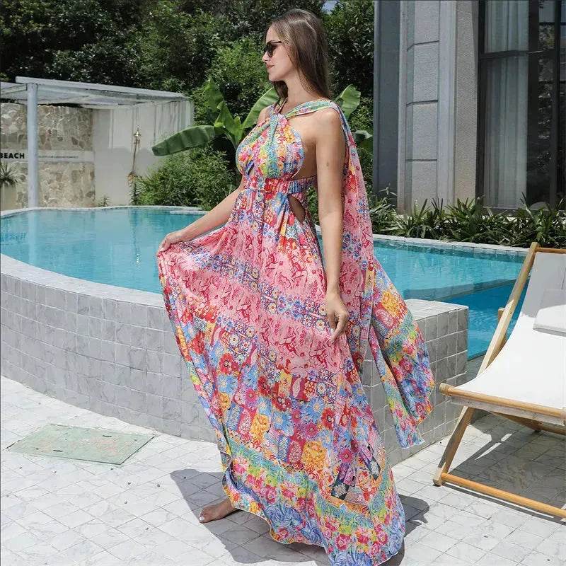 Casual Women's Floral Style Large Hem Cross Open Back Dress - www.Shopthatapp.com