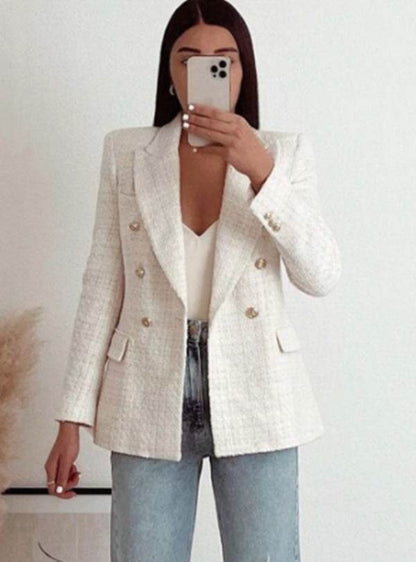 Classy Urban Women Textured Double Breasted Tweed Blazer - www.Shopthatapp.com