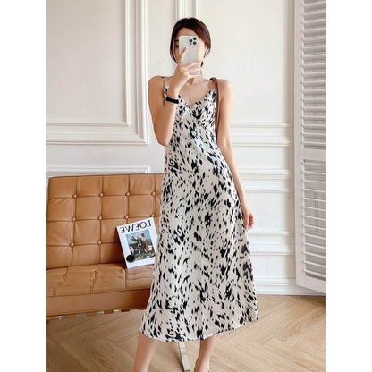 Ink Painting Print Suspender Dress Women's Spring And Summer Floral Midi dress white - www.Shopthatapp.com