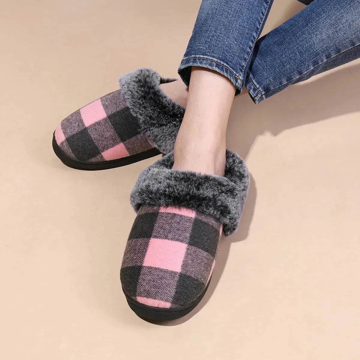Winter Warm Plaid Plush Slippers Home Indoor Non-slip Bedroom Floor Soft Fuzzy Slipper For Couple Fashion Solid House Shoes - www.Shopthatapp.com