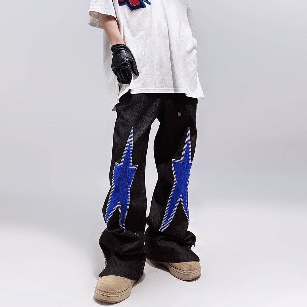 Five-pointed Star Embroidery Denim Horn Loose Straight Casual All-match Mop Jeans Baggy Trousers Men - www.Shopthatapp.com