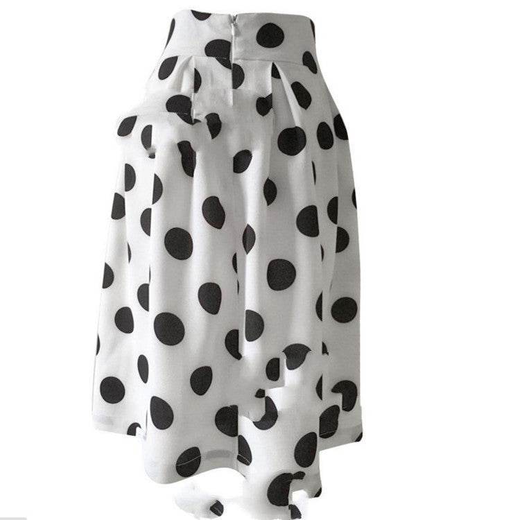 White Polka dot High Waist A-line  Pleated Midi Skirt for office work - www.Shopthatapp.com
