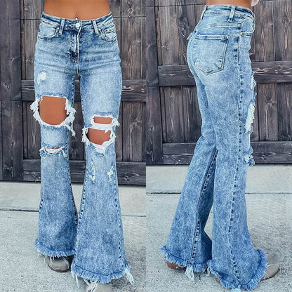 Blue Denim Ripped Flare Jeans pant for Women Raw Hem Pant - www.Shopthatapp.com