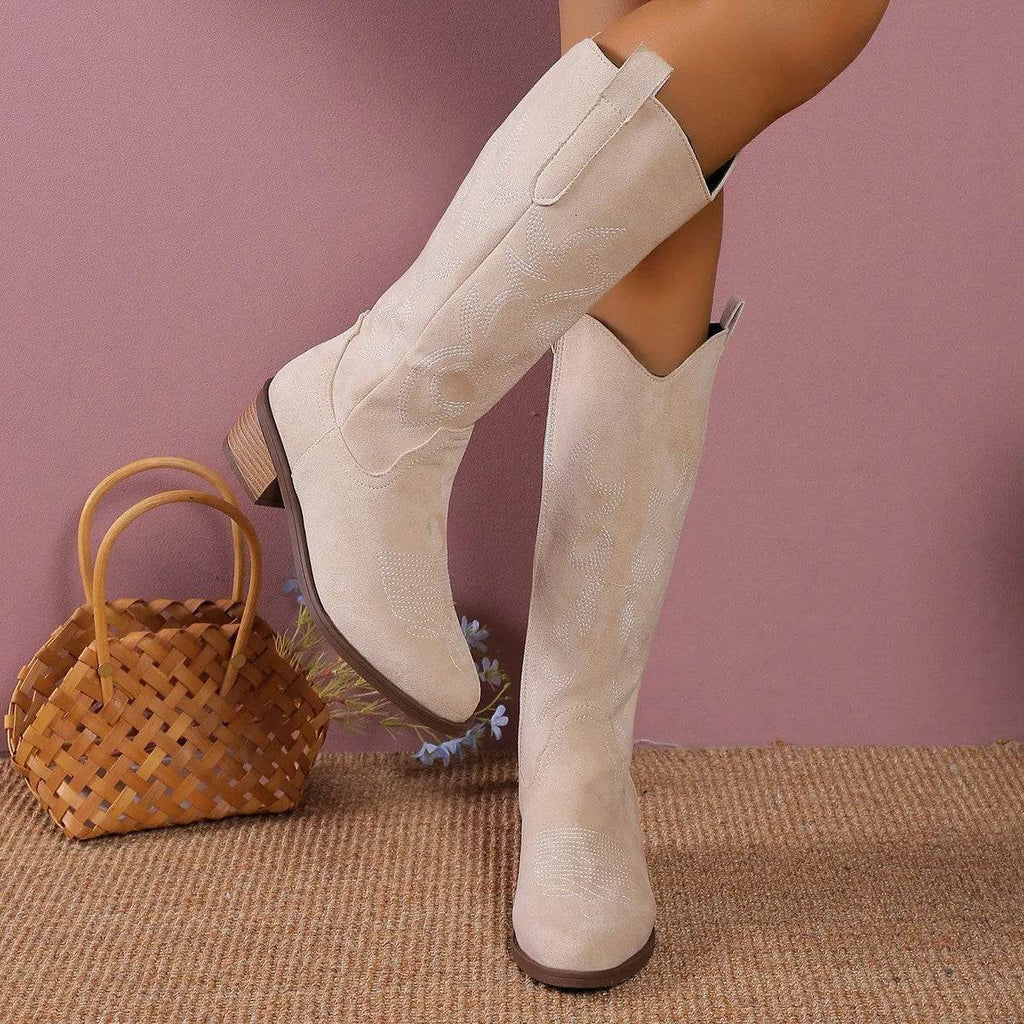 Women's Retro Pointed Toe Chunky Heel Solid Color Side Zipper Mid-calf Cowboy Boot - www.Shopthatapp.com