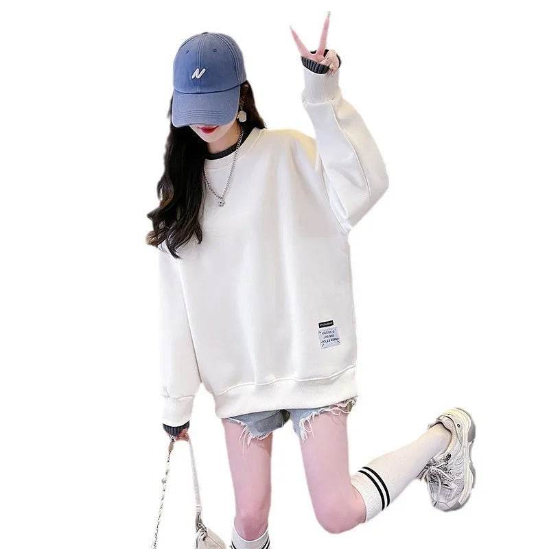 Women Round-neck With Fleece Lining Thick Fake Two Pieces Long Sleeve Loose Hoodie Sweatshirt - www.Shopthatapp.com