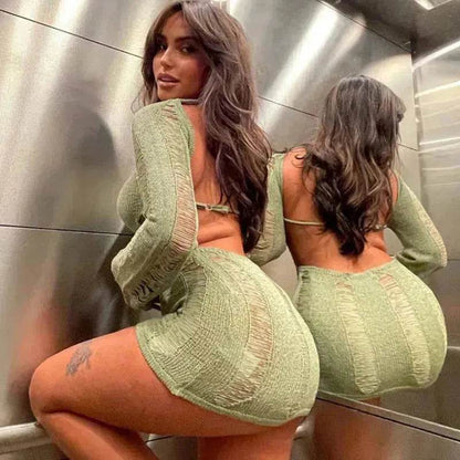 Women Fashion Slim Fit Hollow Long Sleeve Dress Y2K Charming Backless Hip-hugging Short Mini Suspender Dresses for Club Party - www.Shopthatapp.com