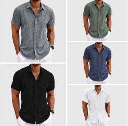 Men's Solid Color Loose Linen Short-sleeved shirt - www.Shopthatapp.com