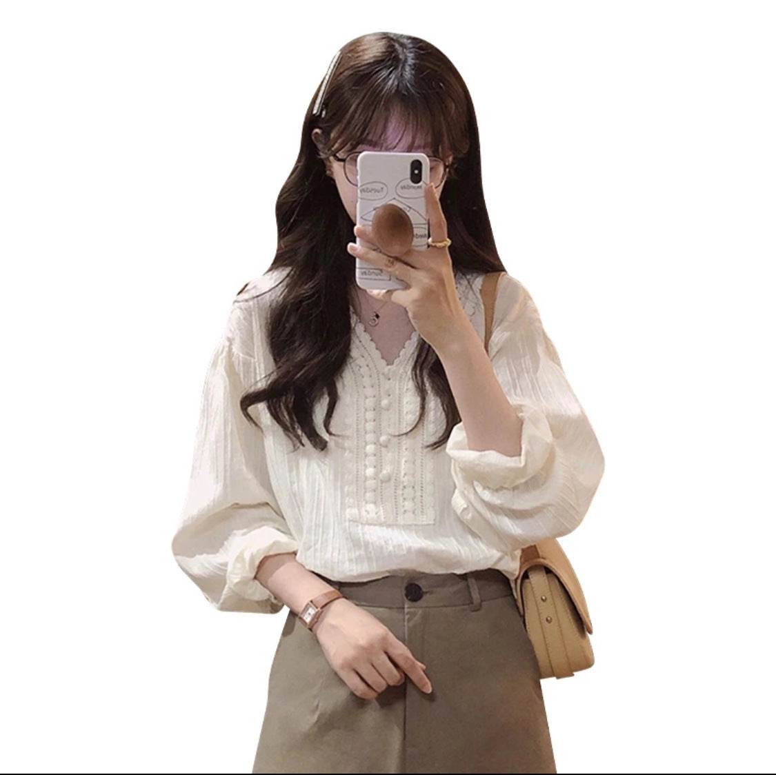 Unique Chic V-neck Long-sleeved Linen blouse top women - www.Shopthatapp.com