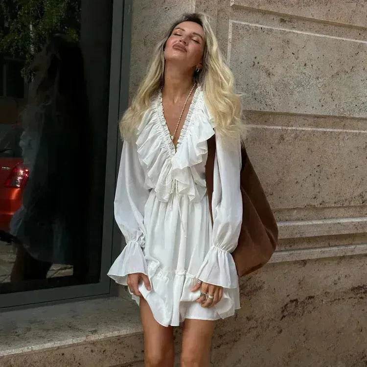 Casual Fashion V Neck Pleated Ruffle Long Sleeve Dress Y2K V Neck Flared Sleeve Short Mini Skater Dress Women's Clothing - www.Shopthatapp.com