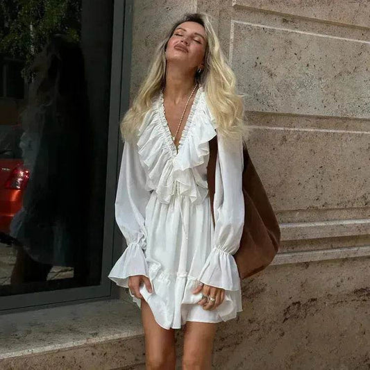 Casual Fashion V Neck Pleated Ruffle Long Sleeve Dress Y2K V Neck Flared Sleeve Short Mini Skater Dress Women's Clothing - www.Shopthatapp.com