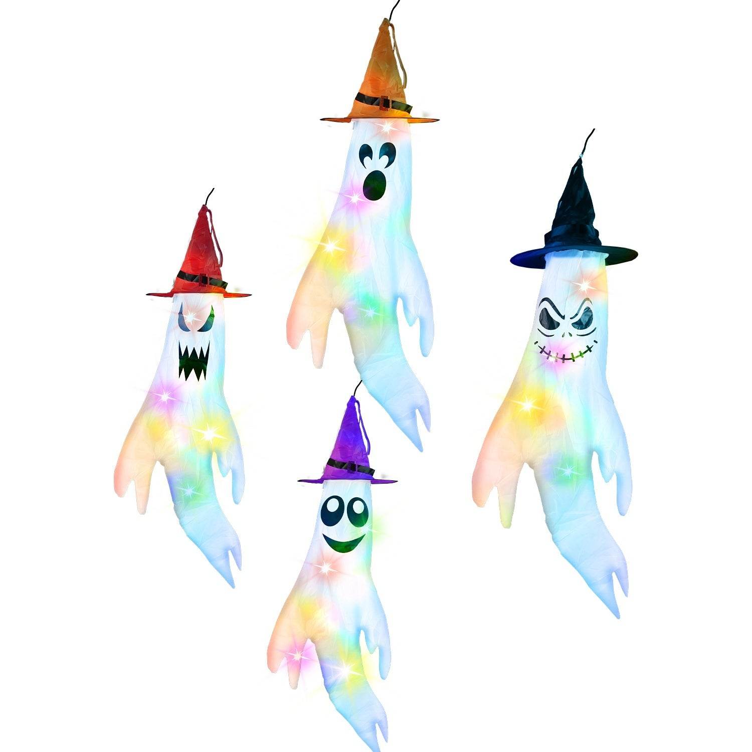 4Pcs Per Set Halloween Ghosts With Witch Hats Windsocks Hanging Decoration With Colorful LED Light Outdoor Flag Wind Socks Halloween Party Decoration For Yard Garden Tree - www.Shopthatapp.com