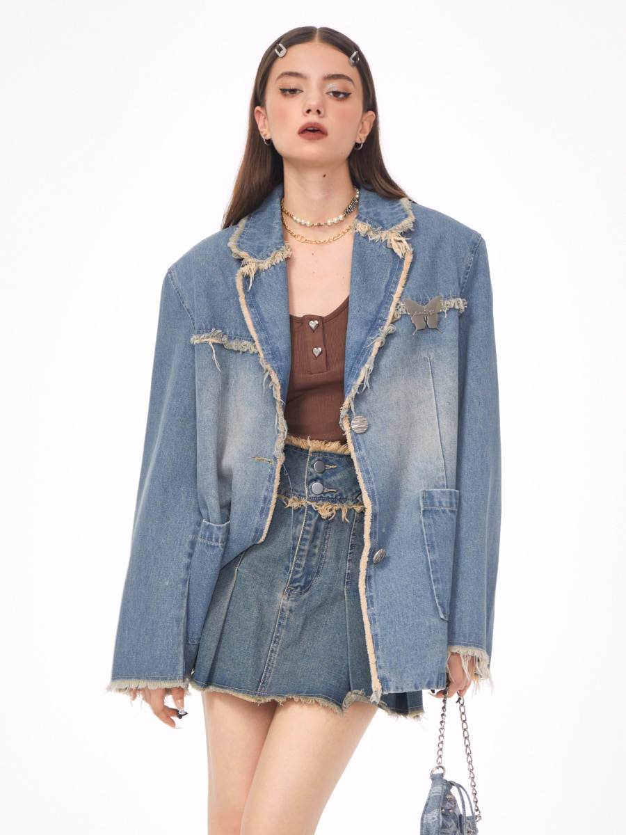 Loose Denim Jacket Polo Collar Single-Breasted Design - www.Shopthatapp.com