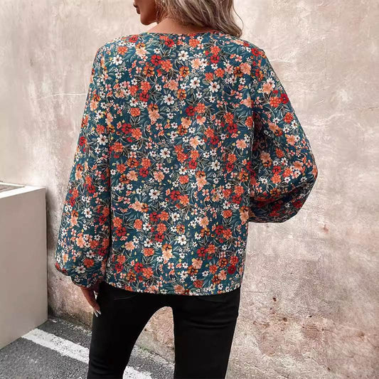 Women's V-neck Lantern Long Sleeve Shirt Autumn casual blouse top - www.Shopthatapp.com