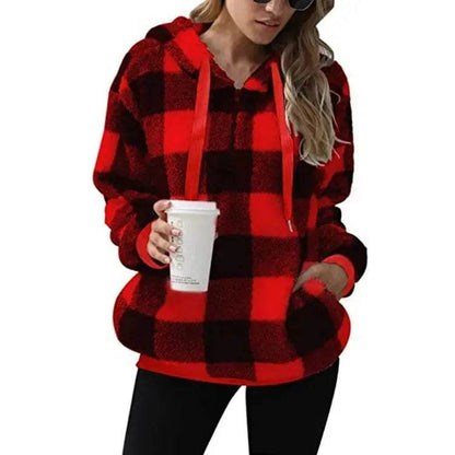 Casual Thick Fleece Plush half zip Plaid Hoodie Pullover top for women - www.Shopthatapp.com
