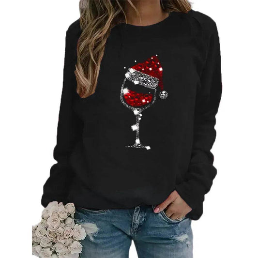 Clothing Christmas Women's Sweater Christmas Hat Red Wine Glass Graphic Print Crew Neck Long-sleeved Sweater - www.Shopthatapp.com
