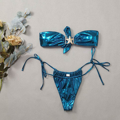 Tube Top Split Bikini Blue Glossy Gold Starfish Female - www.Shopthatapp.com