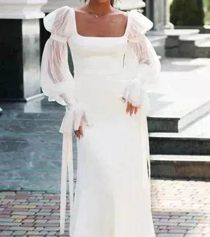 Women's Ruffled Long Sleeve Banquet Temperament High Waist Mop White Wedding  Party Fish Tail Styled  Dress Mermaid Dress - www.Shopthatapp.com