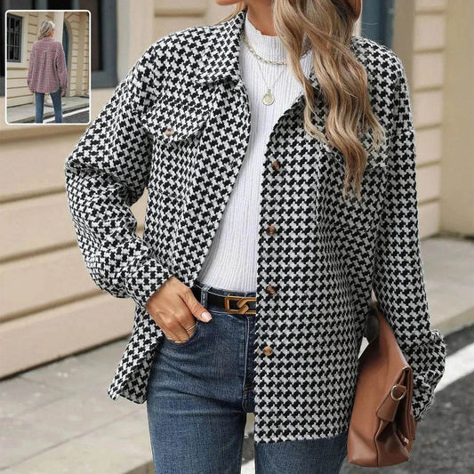 Casual Houndstooth Lapel Tweed Button long sleeve shirt tops for women - www.Shopthatapp.com