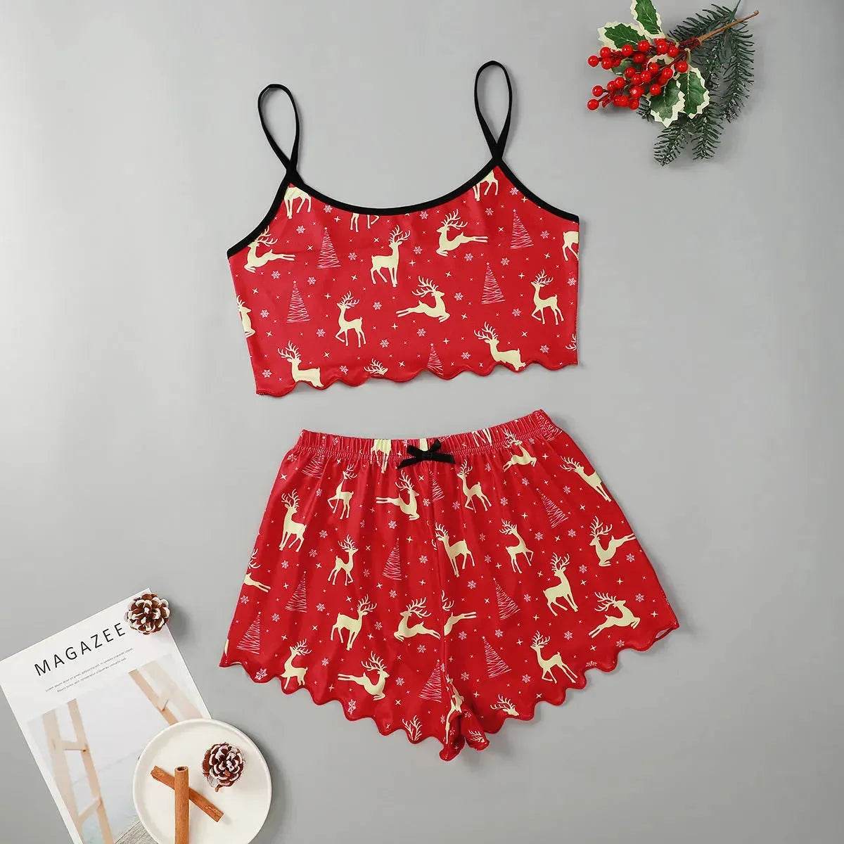 Christmas European And American Thin Pajamas Women's Sleeveless Shorts Milk Silk Simple Casual Two-piece Suit Homewear - www.Shopthatapp.com