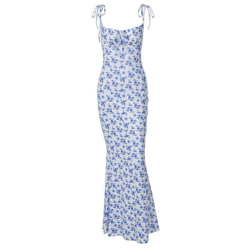 Fashion Flowers Print Suspender Long Dress Summer Lace-up Slim Backless Dresses For Women - www.Shopthatapp.com