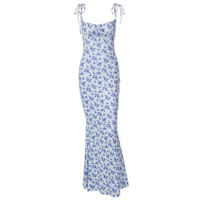 Fashion Flowers Print Suspender Long Dress Summer Lace-up Slim Backless Dresses For Women - www.Shopthatapp.com
