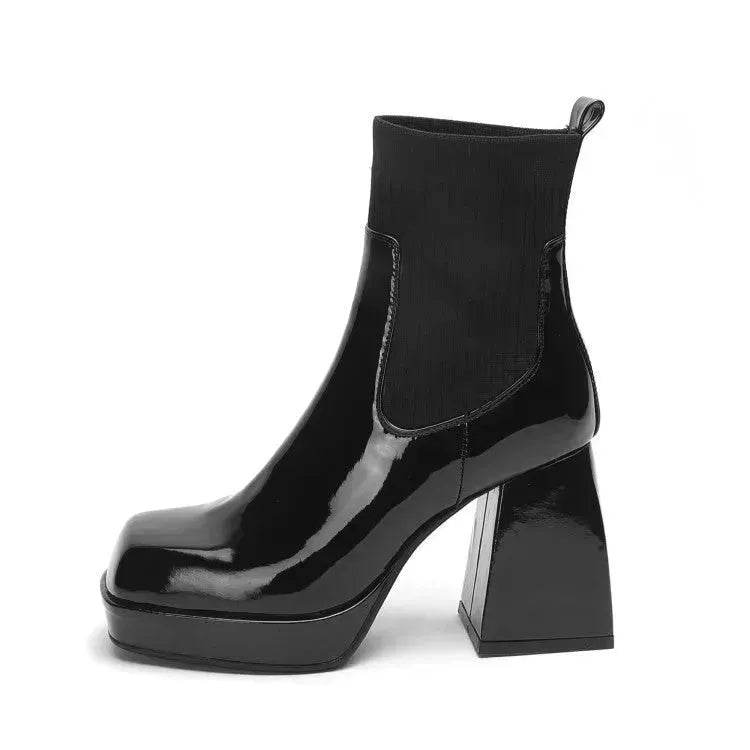 Buy Women Platform Block heel Patent leather boot Woolen winter boot - www.Shopthatapp.com