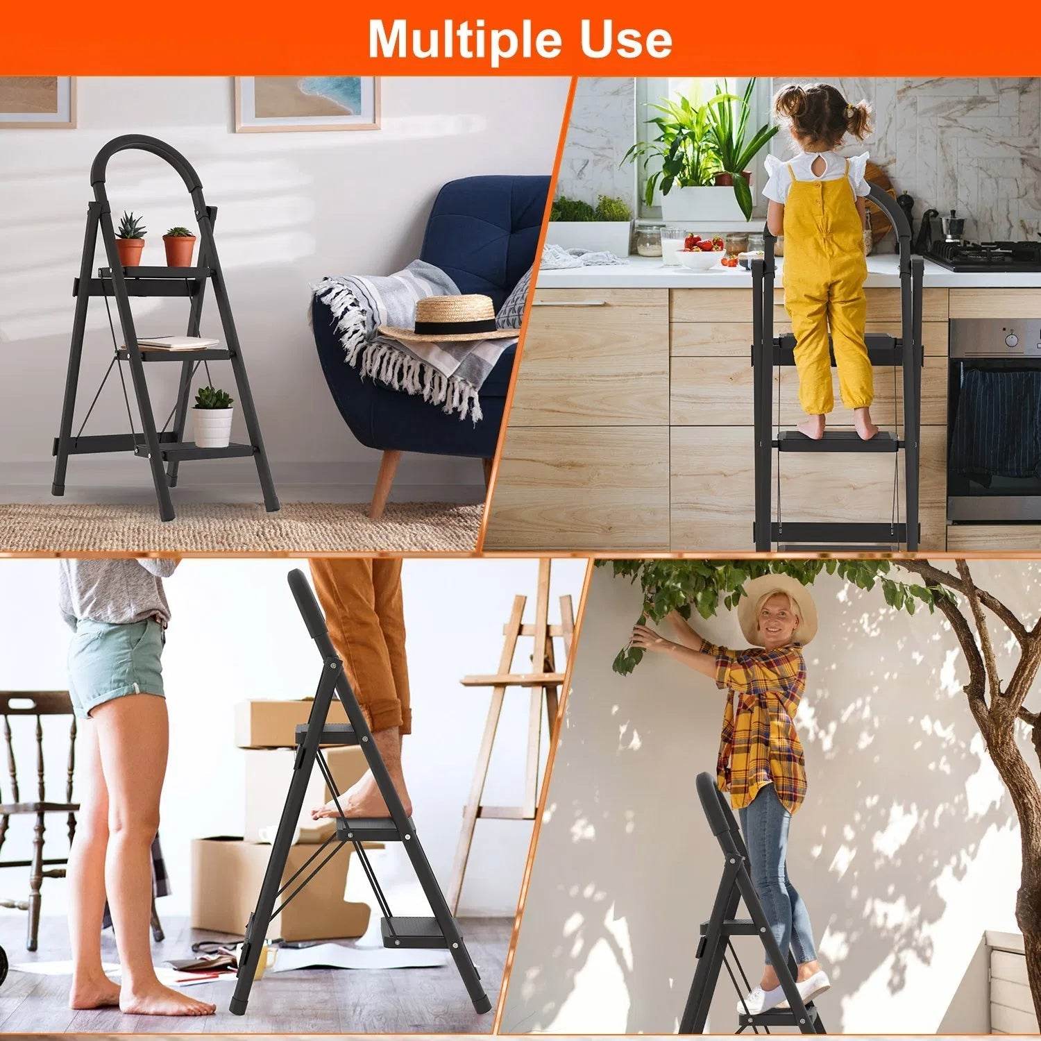 3-Step Folding Ladder, 330lbs Load Capacity, Lightweight 6.94lbs With 1.57in Folding Width, Heavy Duty Steel Construction, Non-Slip Pedals & Feet, Safety Lock, Multi-Use For Home Kitchen Living Room - www.Shopthatapp.com