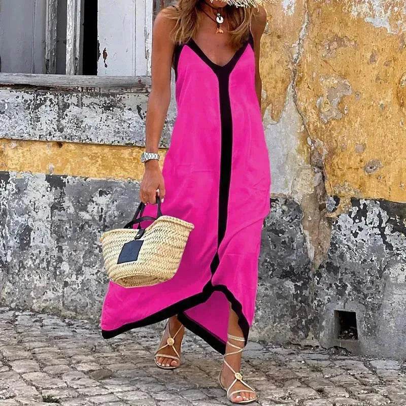 Women's Fashionable Casual Solid Color Spaghetti Straps Sleeveless V-neck Midi Dress - www.Shopthatapp.com