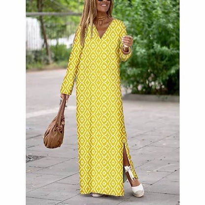 Summer Geometric Printed V-neck Long Dress Fashion Long Sleeve Slit Dresses For Women - www.Shopthatapp.com