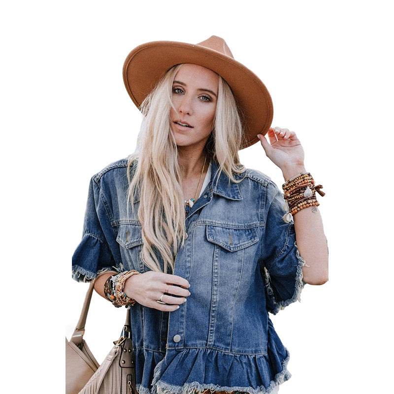 Loose Denim Jacket with Ruffled Sleeves Casual Cotton Style - www.Shopthatapp.com