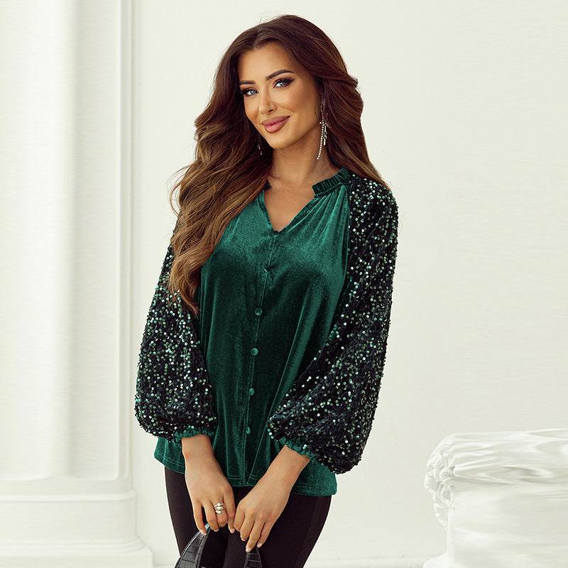 Elegant Fashion Sequined Long sleeve Suede V-neck Blouse top  women - www.Shopthatapp.com