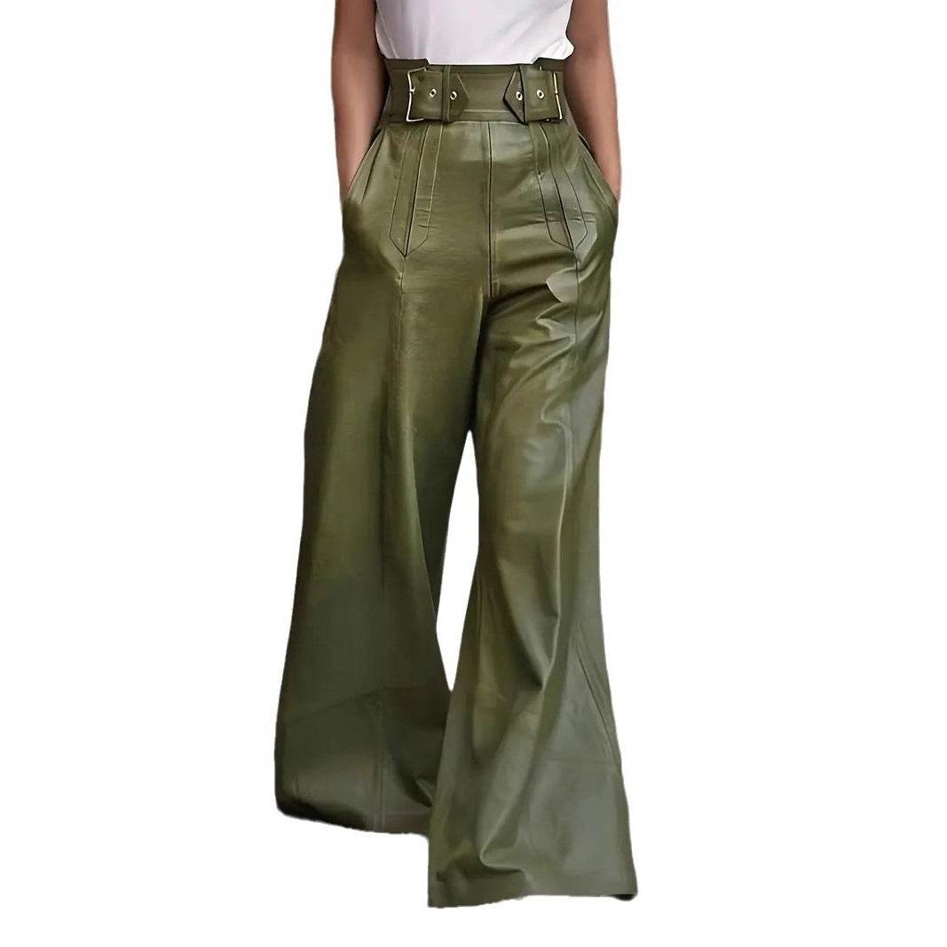 Fashion Leather High Waist Pocket Casual Trousers - www.Shopthatapp.com