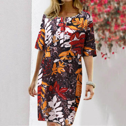 Vintage Dress Women Summer Floral Leaf Print Slit Round Neck Half Sleeve Dresses - www.Shopthatapp.com