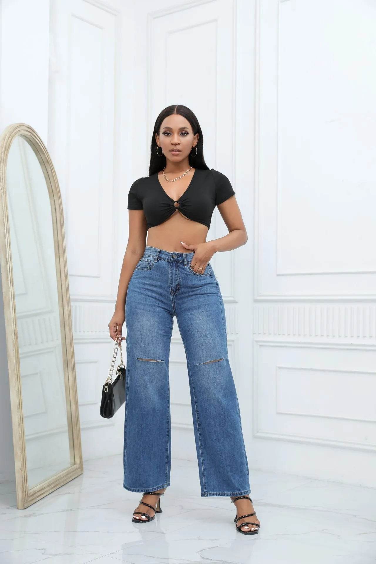 Elegant Ripped Wide-leg Baggy Jeans Pant Women - www.Shopthatapp.com