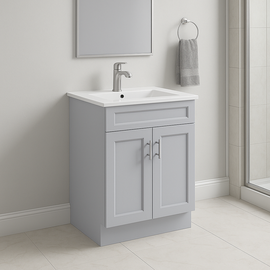 30-Inch Shaker Bathroom Vanity — White or Gray | Plywood Cabinet, Solid-Wood Doors, Soft-Close 3-Way Clip-On Hinges, Natural Wood Interior - www.Shopthatapp.com