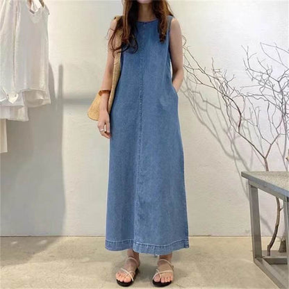 Women's Fashion Sleeveless Mum loose Long Denim Dress - www.Shopthatapp.com