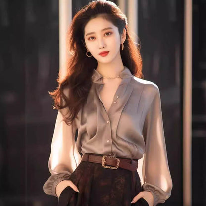 Chic And Beautiful Small Top Gray Blouse Shirt for Women - www.Shopthatapp.com