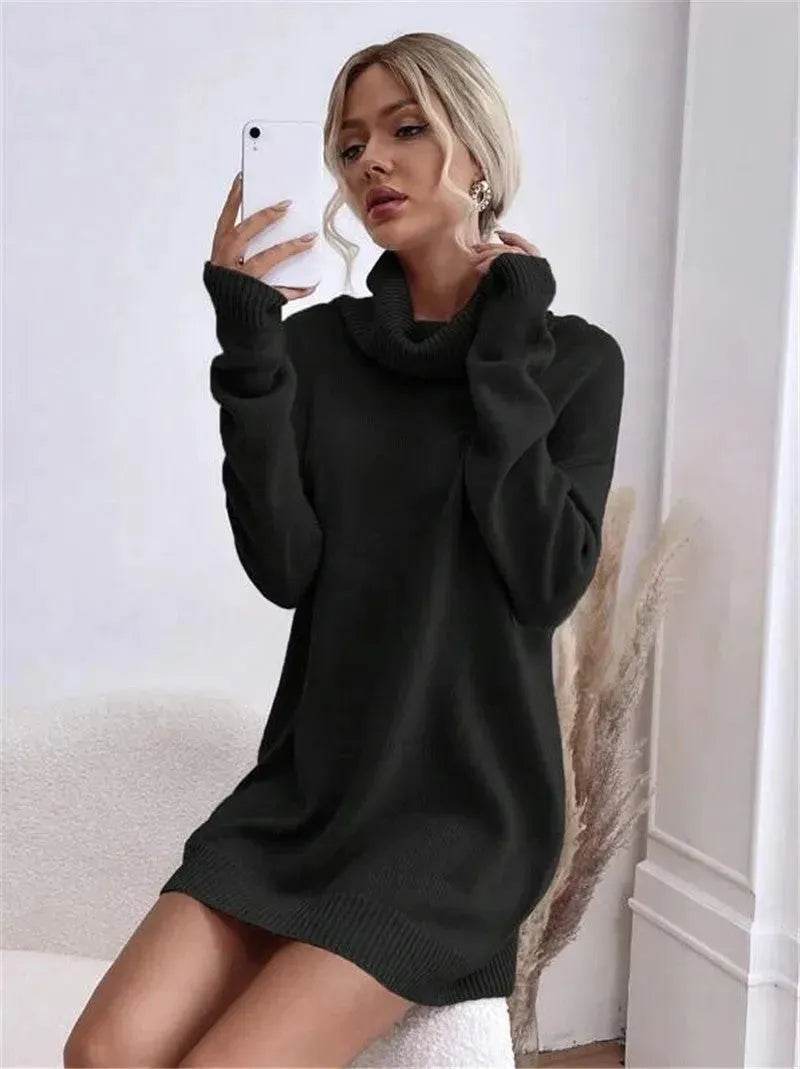 Autumn Winter Solid Cashmere  Loose  Mini Turtleneck sweater Dress - www.Shopthatapp.com