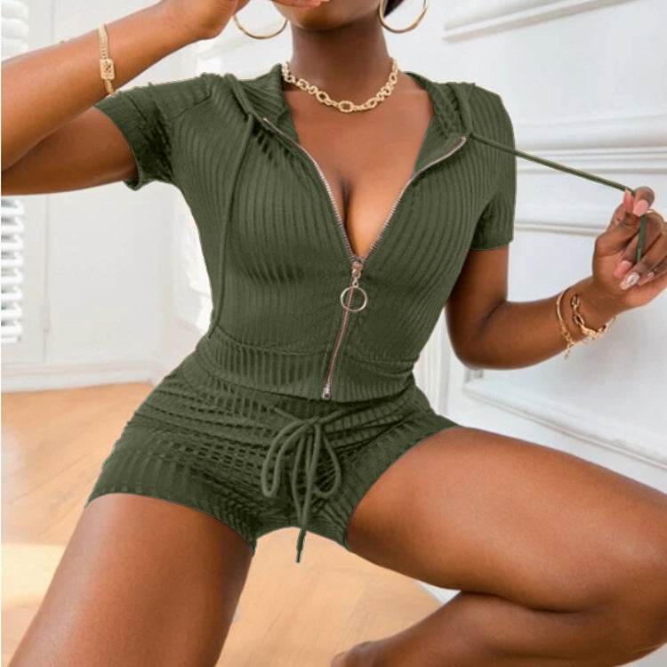 Women Fashion Summer 2pcs Drawstring Hoodie Athleisure wear Short set - www.Shopthatapp.com