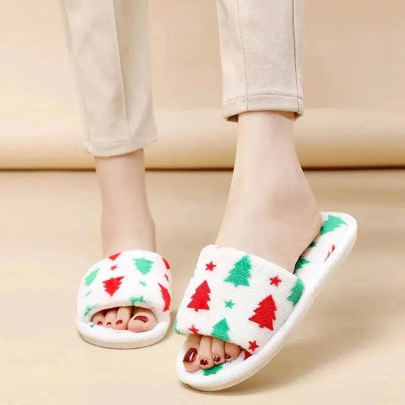 Christmas Tree Home Slippers Fashion Floor Bedroom Open-toe Plush Slippers For Women Fuzzy House Shoes - www.Shopthatapp.com