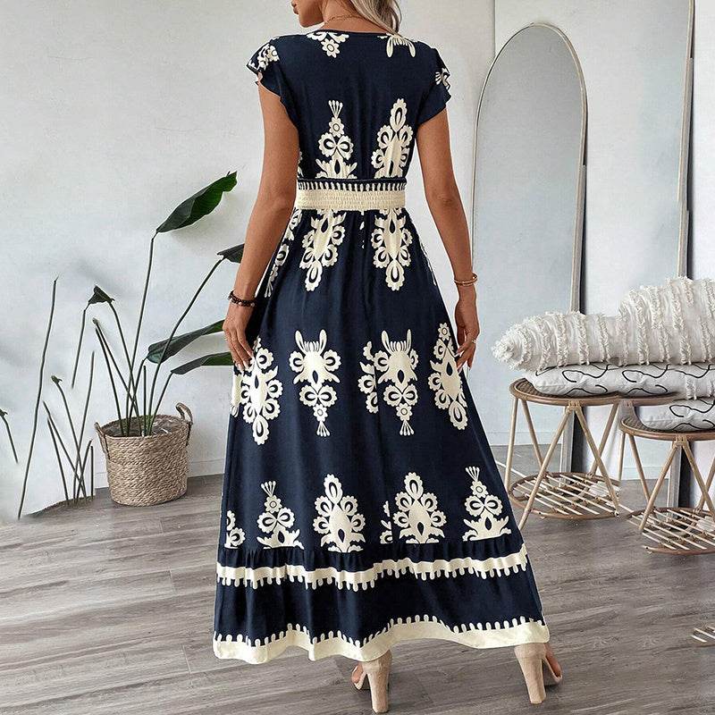 Women's Summer Flowy Maxi Dress Casual Cap Sleeve V Neck Smocked Waist Beach Sundress - www.Shopthatapp.com