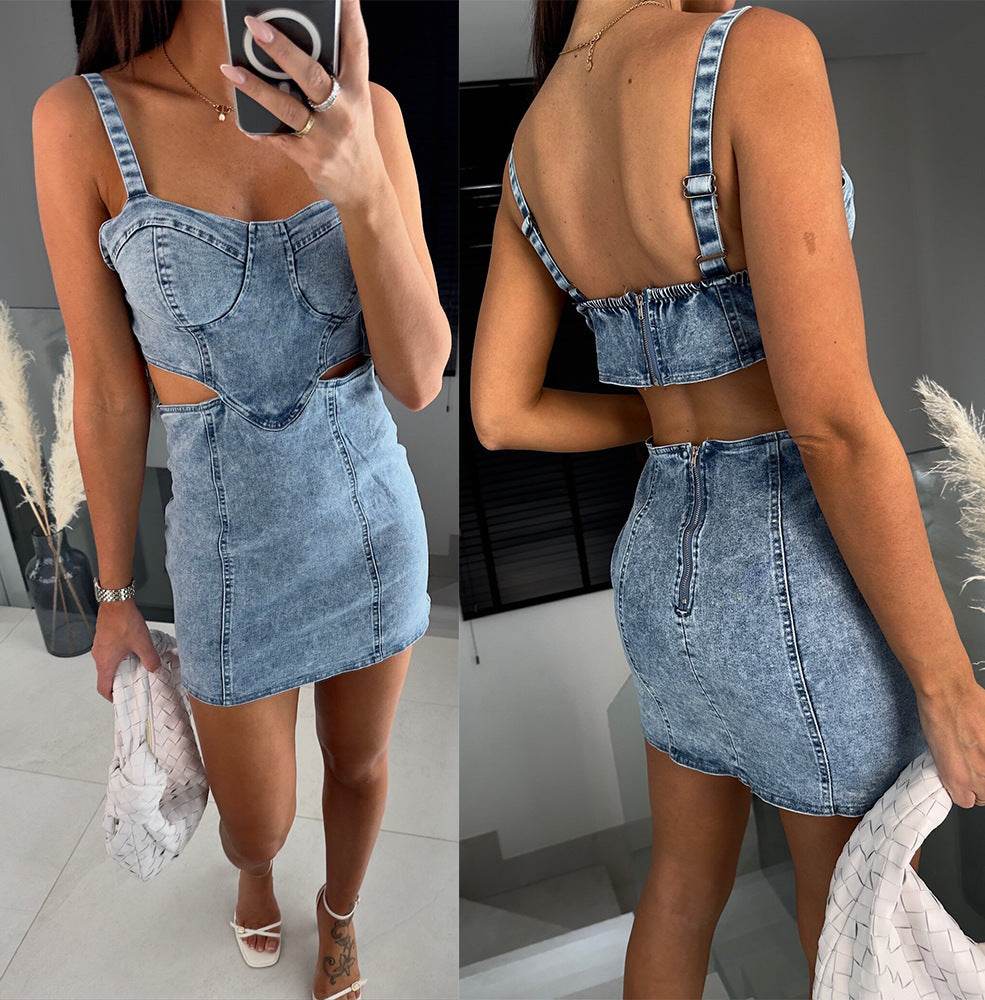 Women's Fashion Suspenders Backless Denim Dress - www.Shopthatapp.com