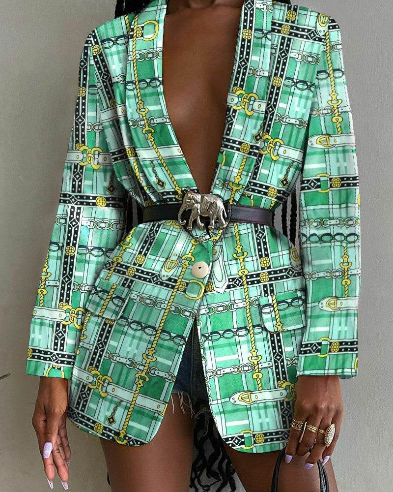 Fashion Printed Shawl Collar Single-breasted Belt Vintage Blazer Women - www.Shopthatapp.com