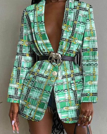 Fashion Printed Shawl Collar Single-breasted Belt Vintage Blazer Women - www.Shopthatapp.com