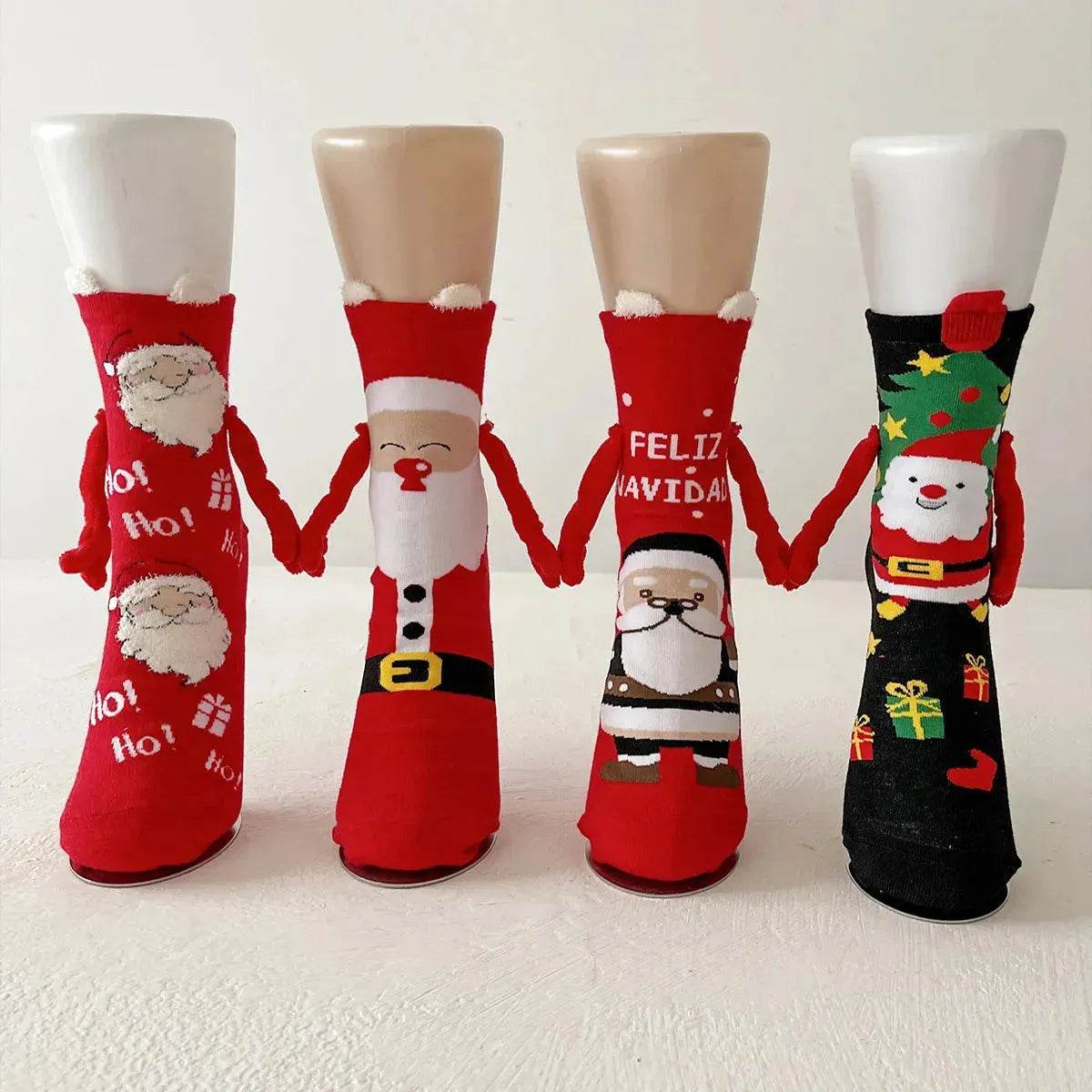 Christmas Magnetic Socks Cute Elk Santa Claus Snowman Hand-holding Socks For Couple - www.Shopthatapp.com