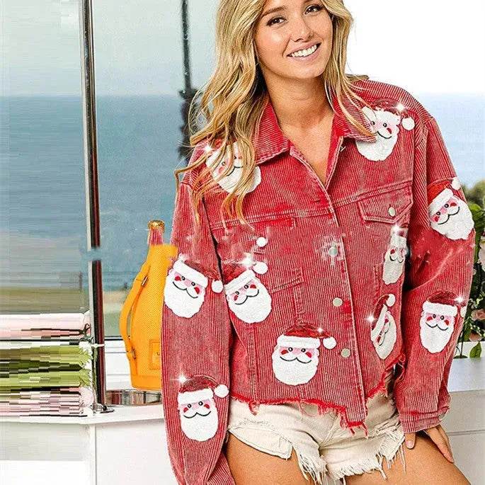 Women Christmas Corduroy Rugby Sequined crop Jacket - www.Shopthatapp.com