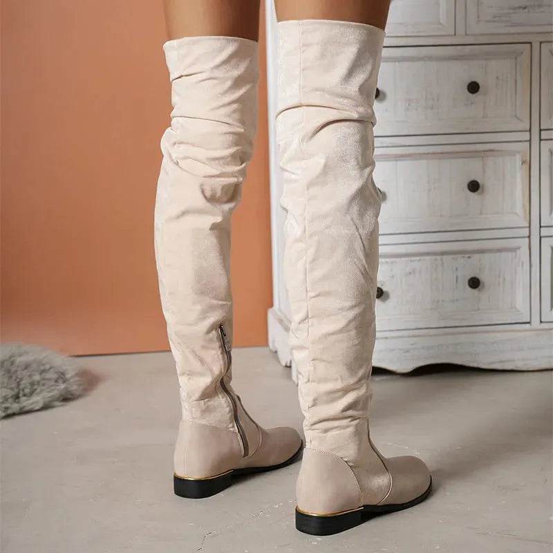 Fashion Over-the-knee Boots For Women Suede Stitching Low-heeled Long Boots With Side Zipper Design Party Shoes Winter - www.Shopthatapp.com