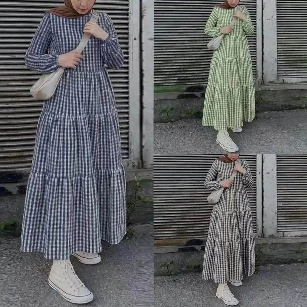 Middle East Plaid Long Sleeve Elastic Sleeve Round Neck Loose Waist Casual Dress Checked Casual dress for Arabfor Women - www.Shopthatapp.com