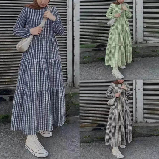 Middle East Plaid Long Sleeve Elastic Sleeve Round Neck Loose Waist Casual Dress Checked Casual dress for Arabfor Women - www.Shopthatapp.com