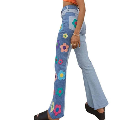 Women's Fashion Pattern Colorblock Bootcut Jeans - www.Shopthatapp.com